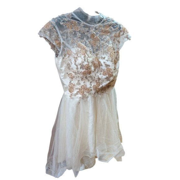 Lan Ting Bride Dresses & Skirts - Embroidered Ivory High-Low Dress Floral Sheer Overlay Formal Prom sz 16 (slim)